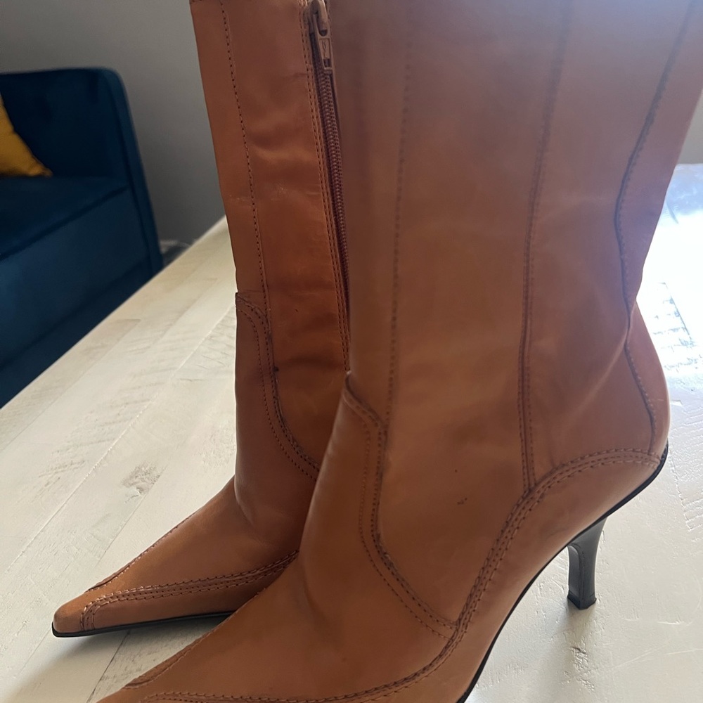 Vintage Elegant Tan Genuine Leather Women's Boots Calf height